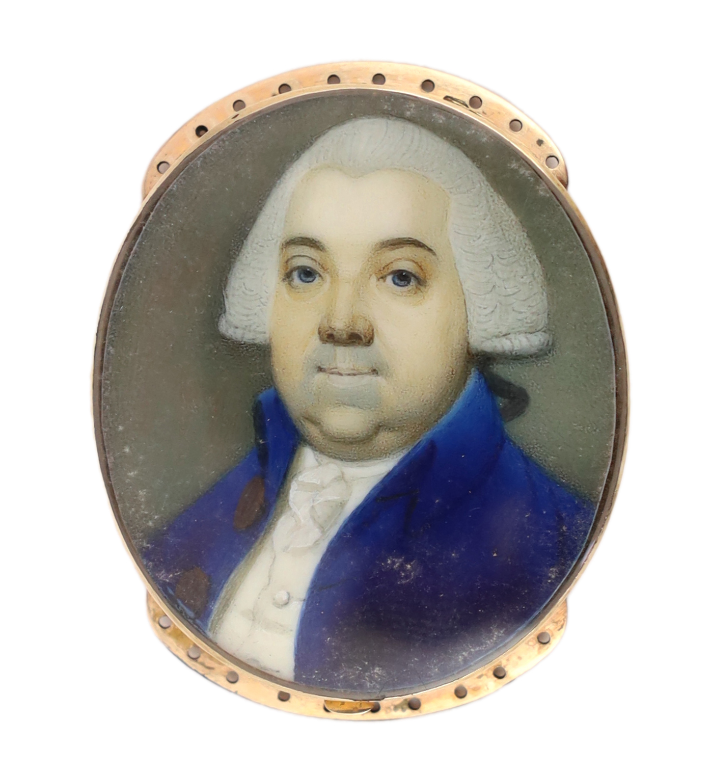 Jeremiah Meyer, R.A. (Anglo-German, 1735-1789), Portrait miniature of a gentleman, watercolour on ivory, 3.8 x 3.3cm. CITES Submission reference DTULEVK6